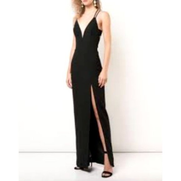 NWT Aidan Mattox Size 2 Black V-Neck Strappy-Back Crepe Column Gown Dress Slit